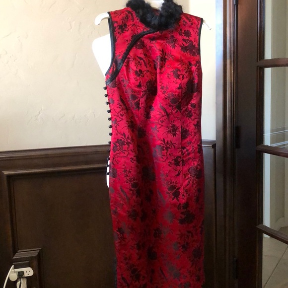 Silk and fur collar Qipao dress